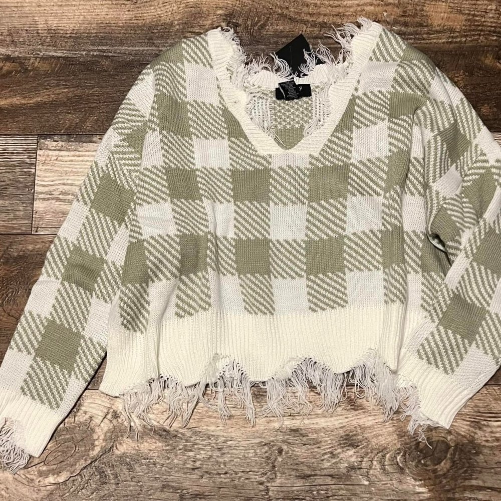 Cropped Sage Distressed Sweater